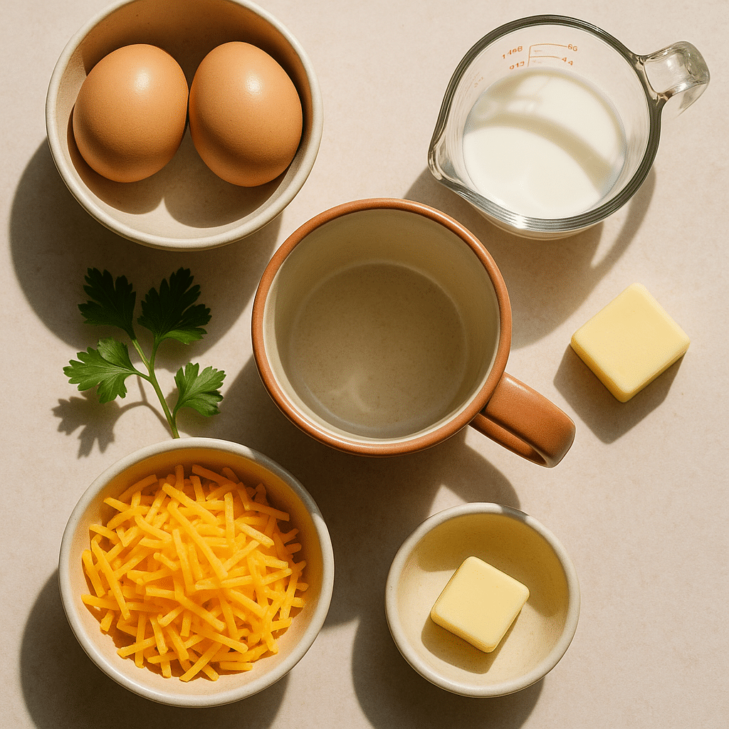 Savory breakfast mug with cheese ingredients including eggs, cheddar cheese, milk and butter