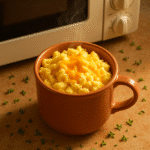 Savory breakfast mug with cheese showing fluffy scrambled eggs and melted cheddar in ceramic mug