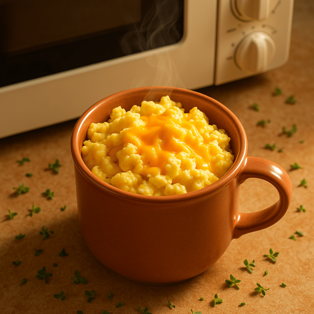 Savory breakfast mug with cheese showing fluffy scrambled eggs and melted cheddar in ceramic mug
