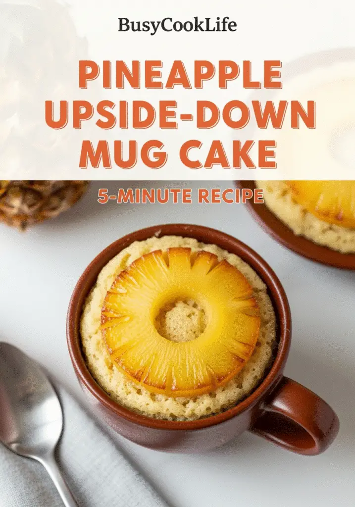 Pinterest pin for easy pineapple upside-down mug cake recipe