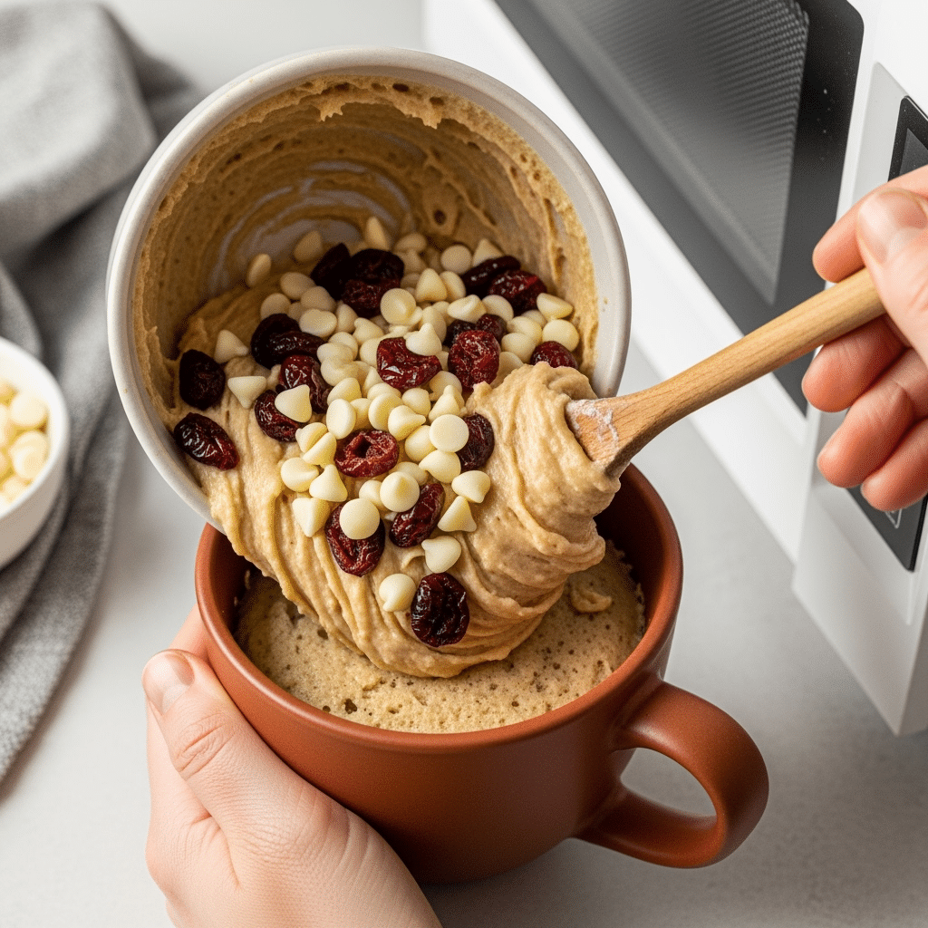white chocolate cranberry mug cake mixing step
