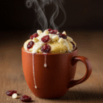 Finished white chocolate cranberry mug cake served in ceramic mug with garnish