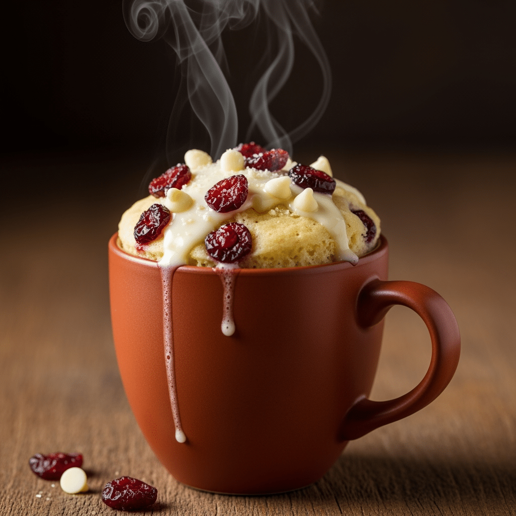 white chocolate cranberry mug cake serving