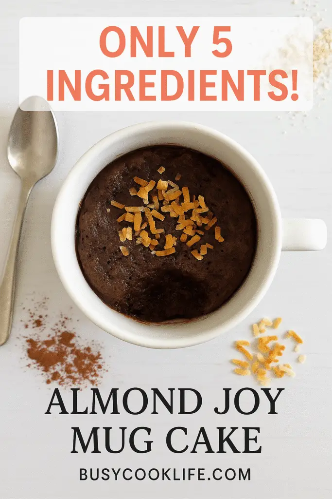 5-ingredient almond joy mug cake branded Pinterest image from BusyCookLife recipe collection
