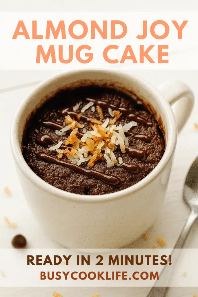 Almond joy mug cake recipe overlay pin with 2-minute timing from BusyCookLife kitchen