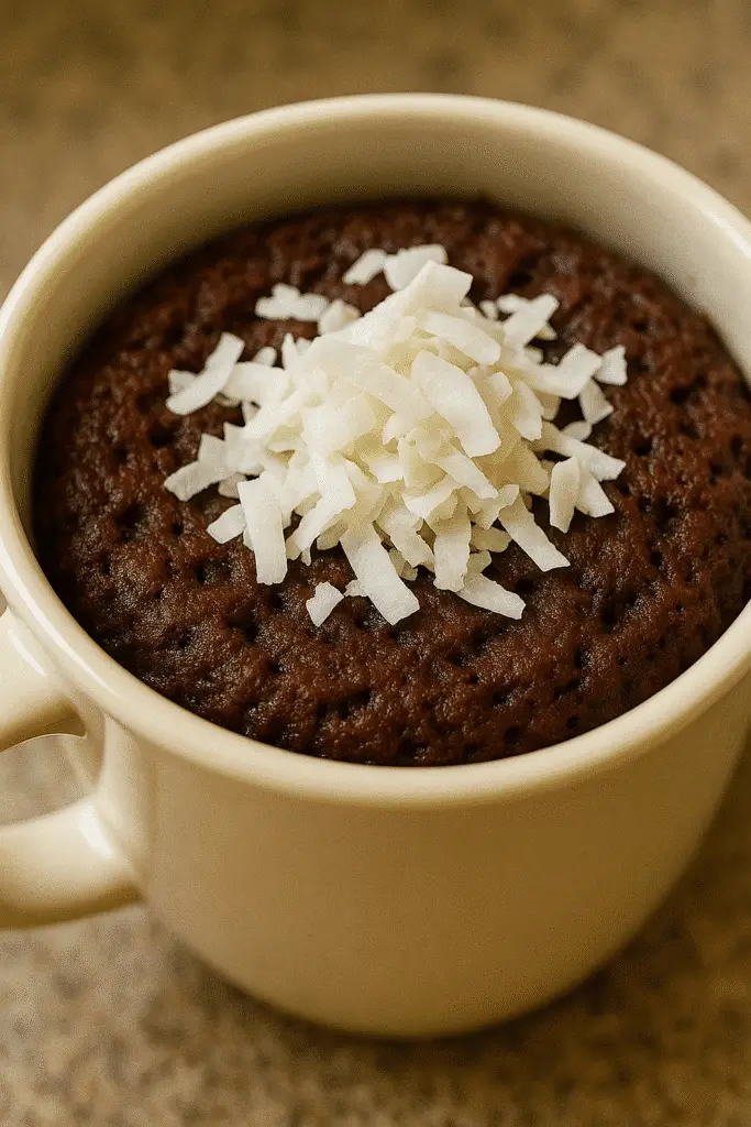 Quick almond joy mug cake Pinterest pin showing 2-minute dessert from BusyCookLife