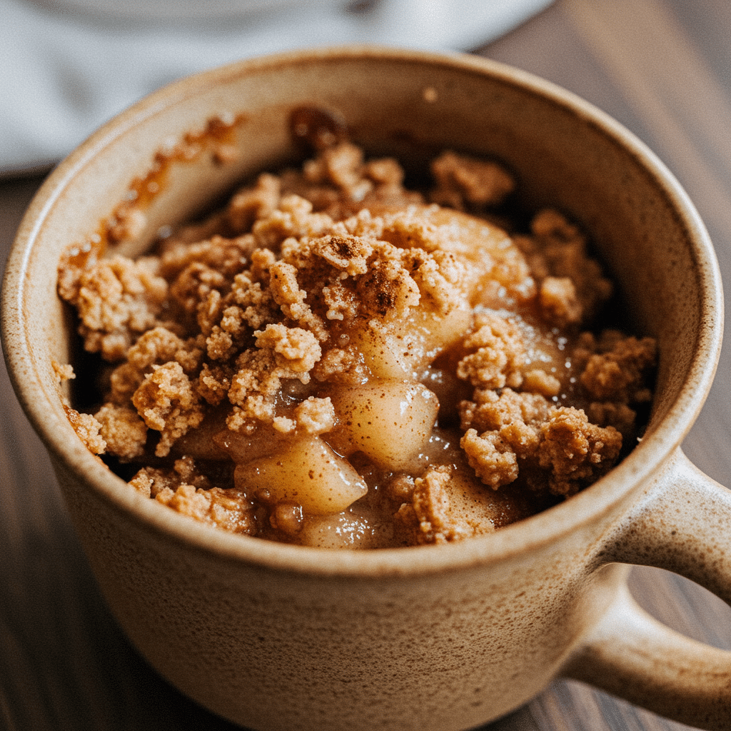 Apple crisp in a mug steaming hot with golden oat topping in terracotta ceramic mug