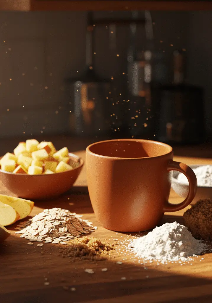 Apple crisp in a mug ingredients laid out including diced apples oats flour brown sugar cinnamon