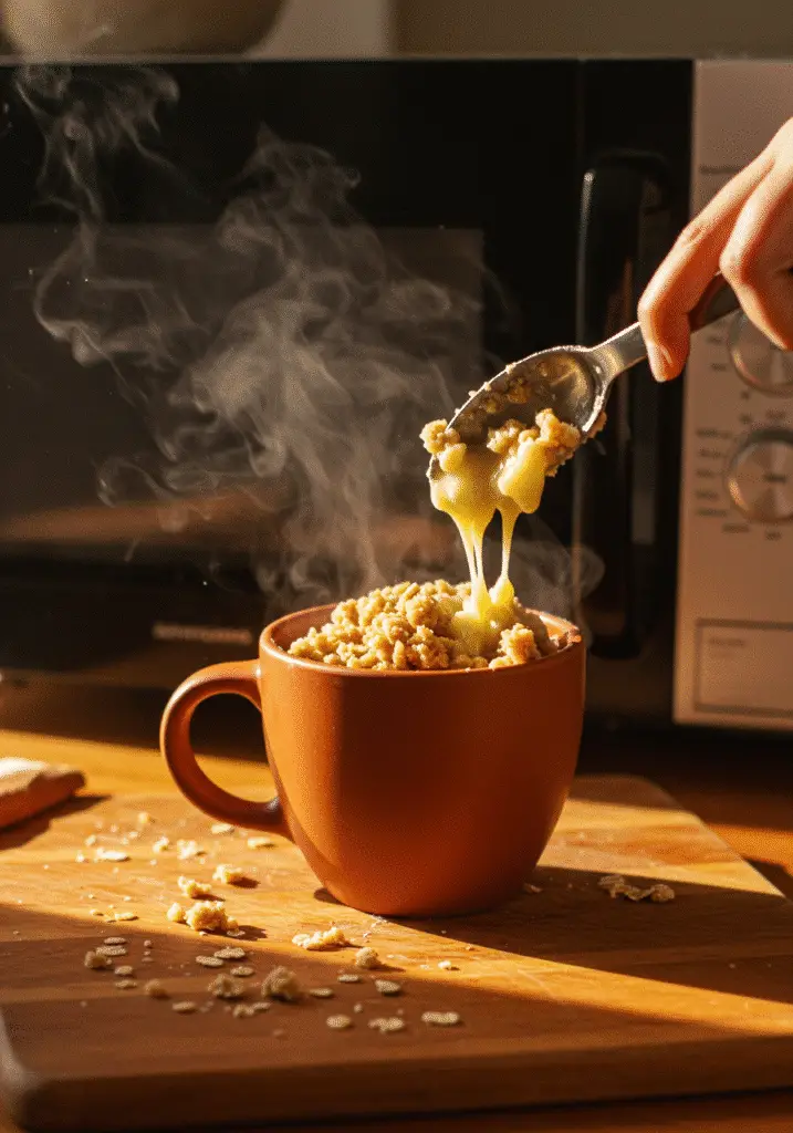 Microwave apple crisp in a mug preparation mixing oat crumble topping with melted butter