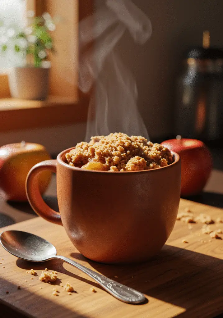 Single serve apple crisp in mug with spoon showing tender apples and crispy topping ready to eat
