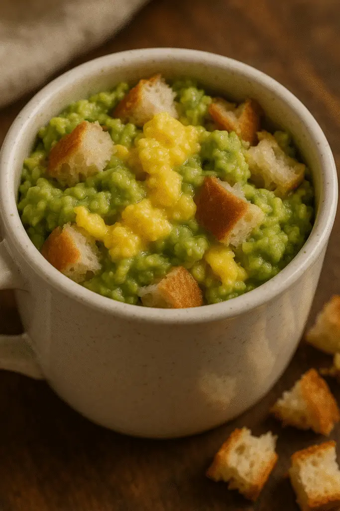 Vertical Pinterest pin showing avocado egg toast in mug recipe - 2 minute breakfast solution