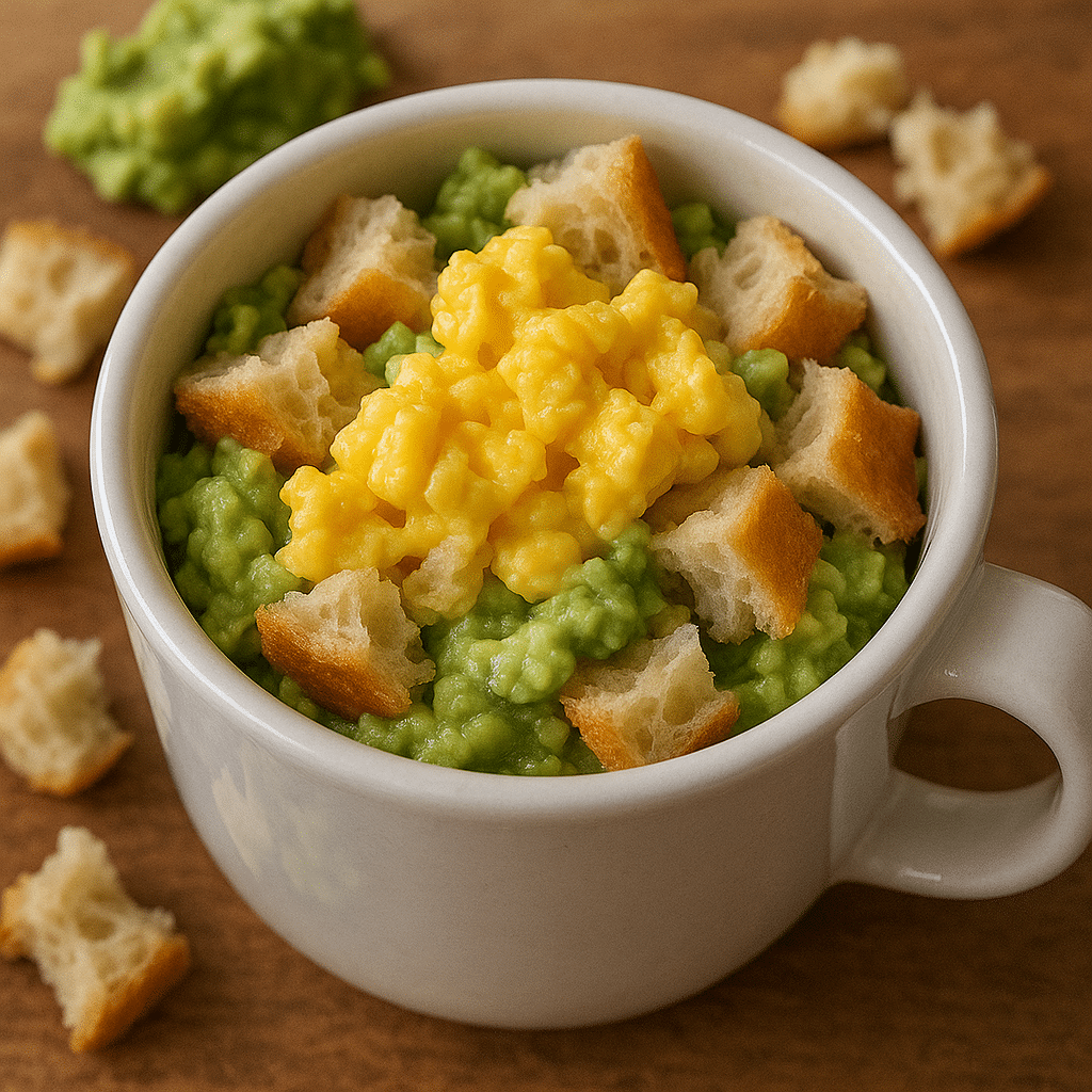 Avocado egg toast in a mug with creamy mashed avocado and fluffy scrambled egg - tested BusyCookLife recipe