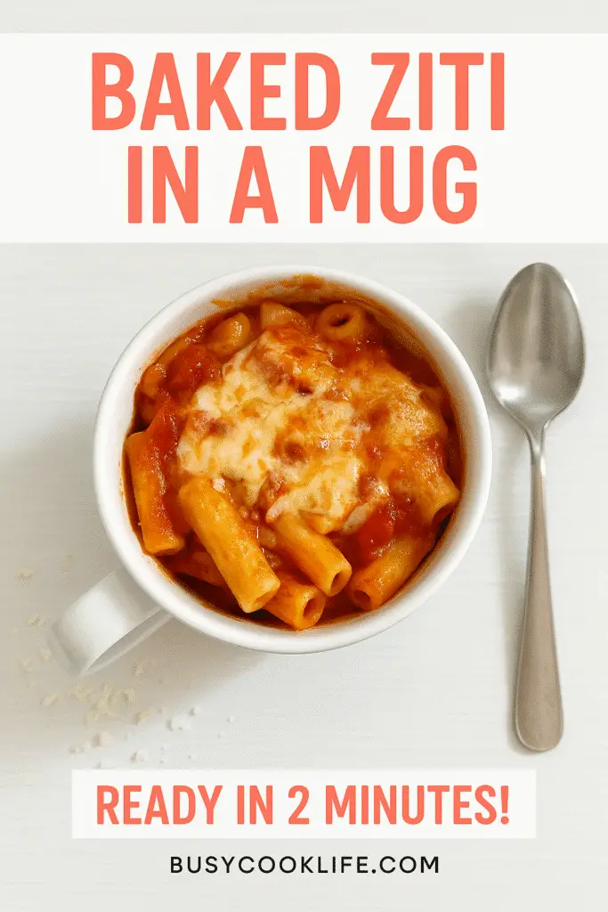BusyCookLife branded baked ziti in a mug recipe pin with website URL and cooking time