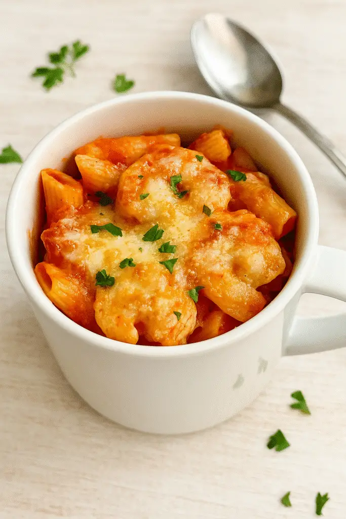 Microwave magic baked ziti mug recipe with text overlay showing quick cooking time