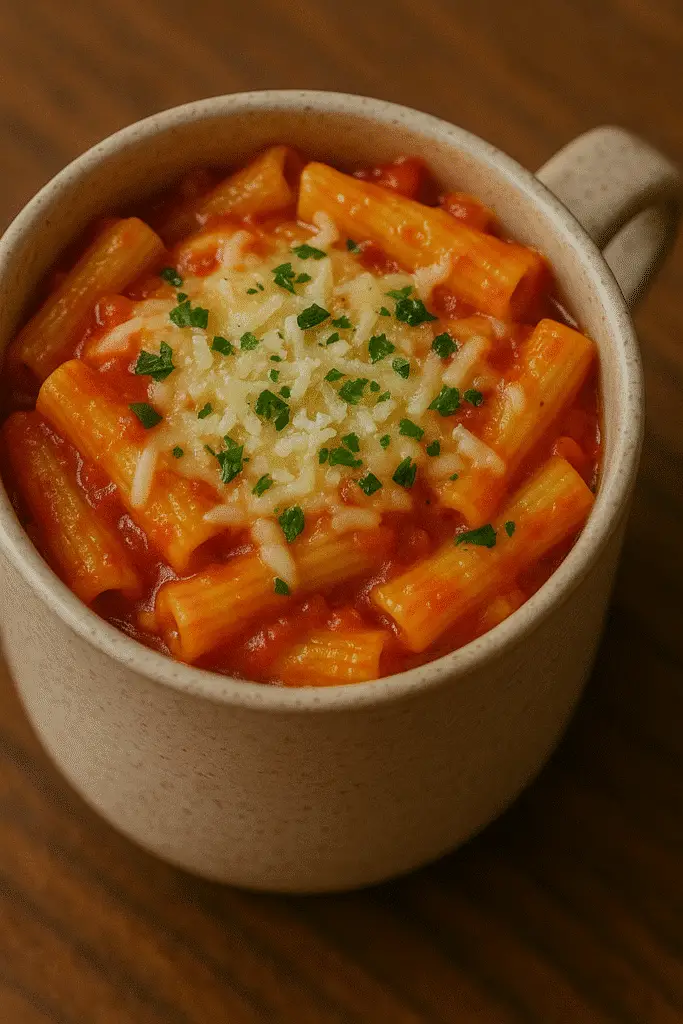 Pinterest pin for baked ziti in a mug recipe showing cheesy pasta with step-by-step BusyCookLife branding