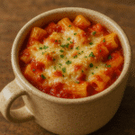 Baked ziti in a mug with melted mozzarella cheese and marinara sauce, tested by BusyCookLife kitchen
