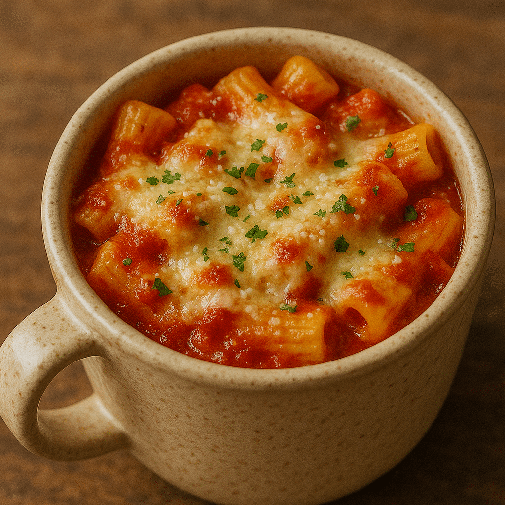 Baked ziti in a mug with melted mozzarella cheese and marinara sauce, tested by BusyCookLife kitchen