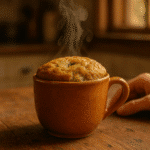 Banana bread mug cake steaming hot in terracotta ceramic mug ready to eat