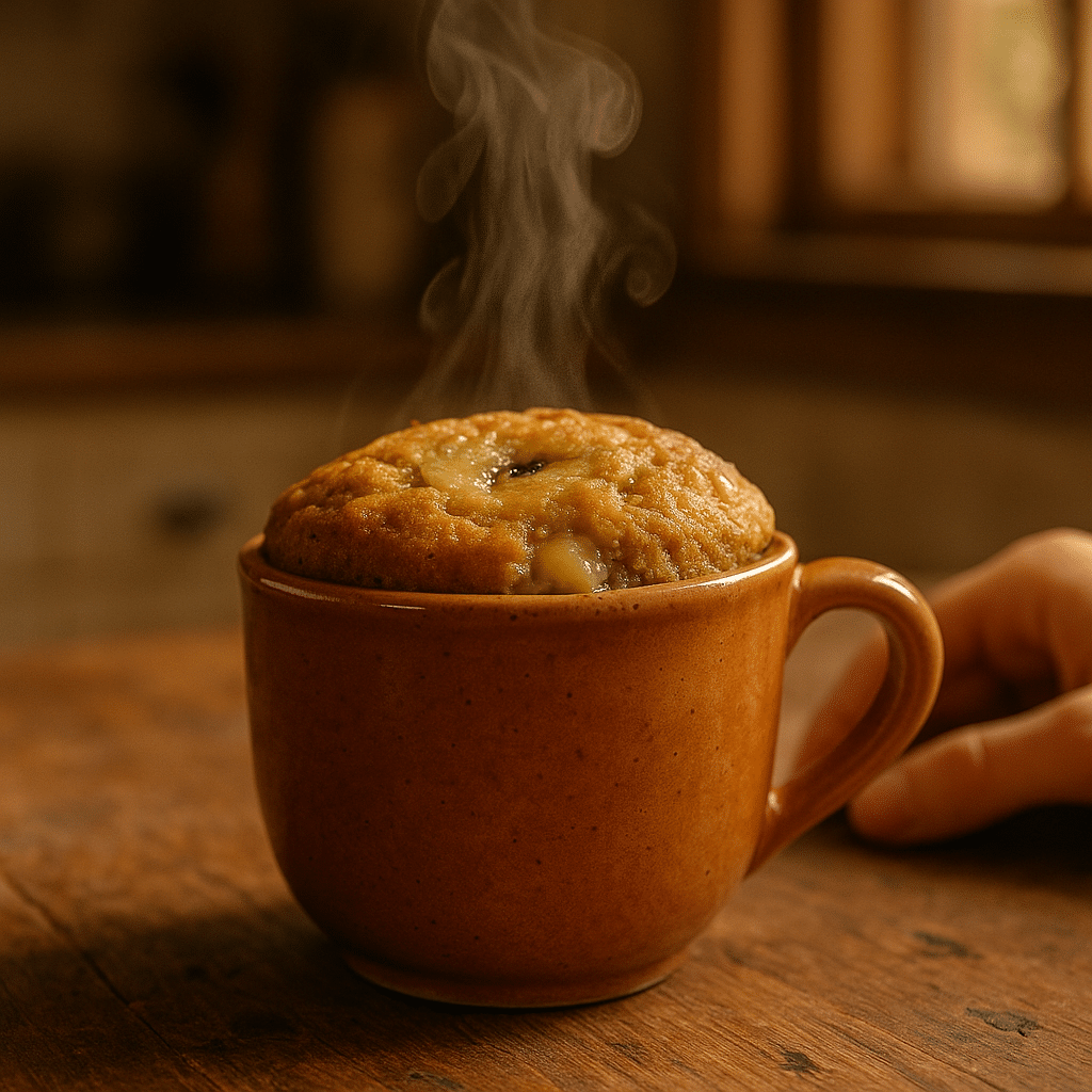 Banana bread mug cake steaming hot in terracotta ceramic mug ready to eat