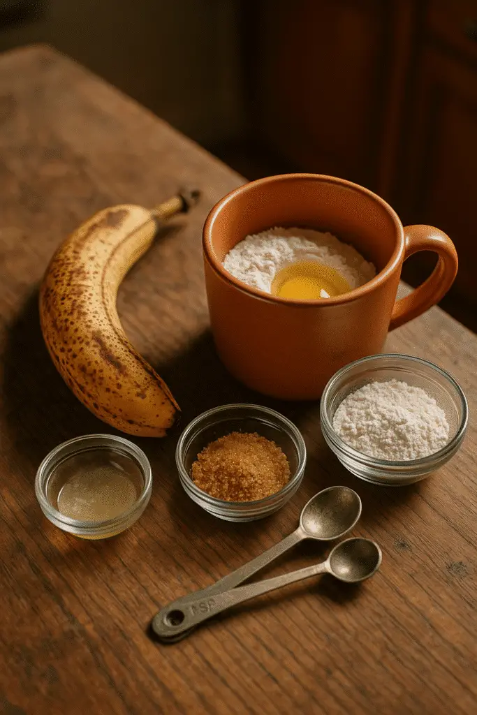 Banana bread mug cake ingredients arranged clockwise in prep bowls with measuring tools