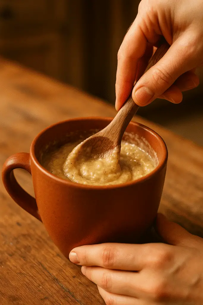 Banana bread mug cake batter mixing process with wooden spoon in ceramic mug