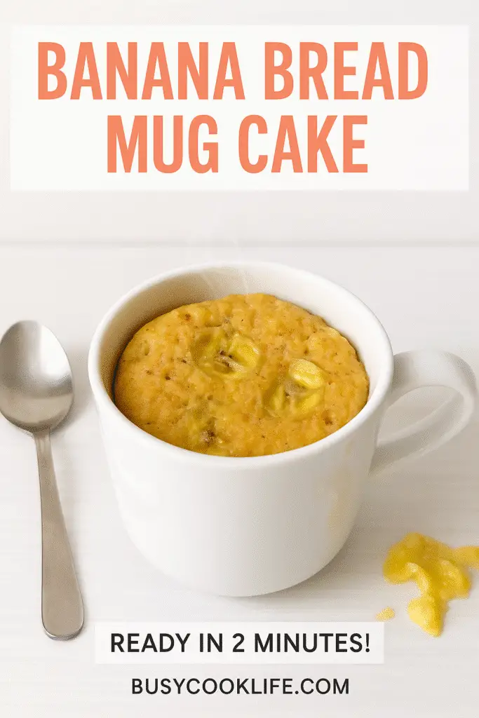 Banana bread mug cake Pinterest pin with text overlay and white ceramic mug