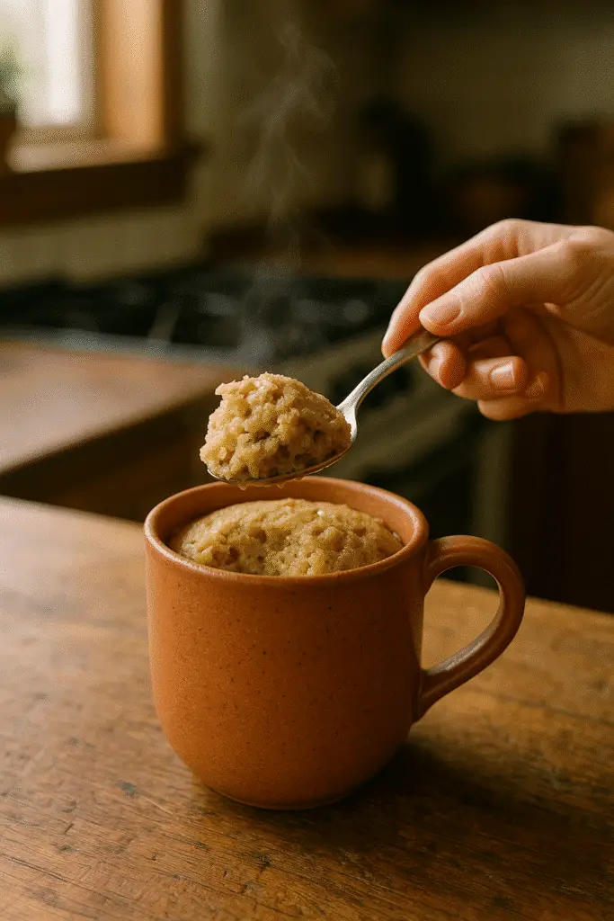 Banana bread mug cake first spoonful showing fluffy texture and steam wisps