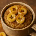 Homemade Banana Foster Mug Cake with caramelized banana pieces and brown sugar topping in white ceramic mug
