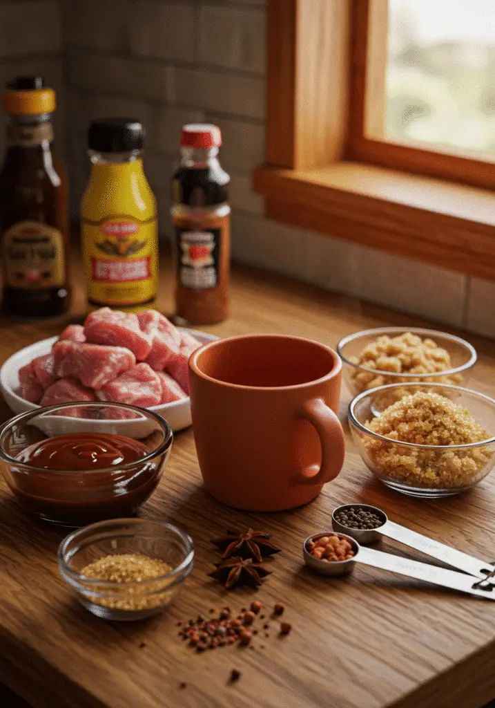 BBQ pulled pork in a mug ingredients layout preparation