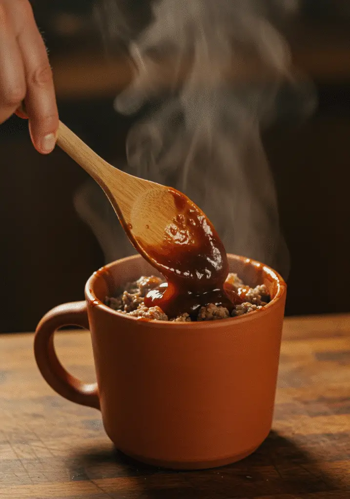 BBQ pulled pork in a mug mixing process microwave cooking