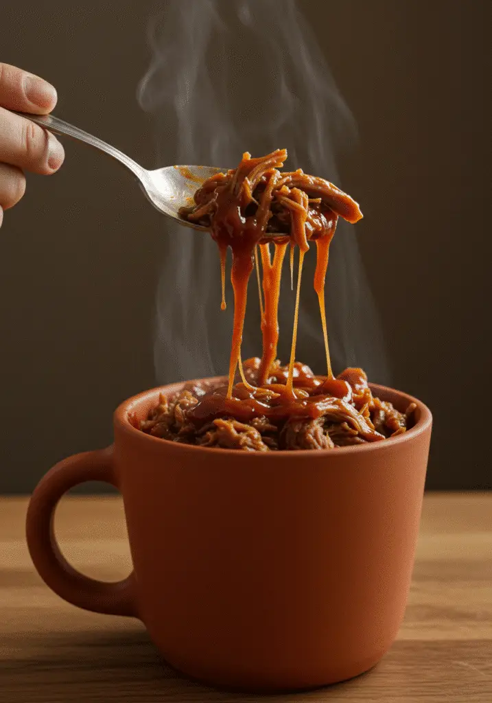 BBQ pulled pork in a mug serving spoonful ready to eat