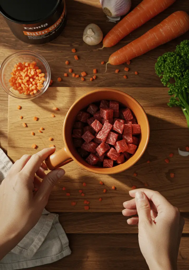 Microwave beef stew ingredients laid out including pre-cooked beef strips and diced vegetables