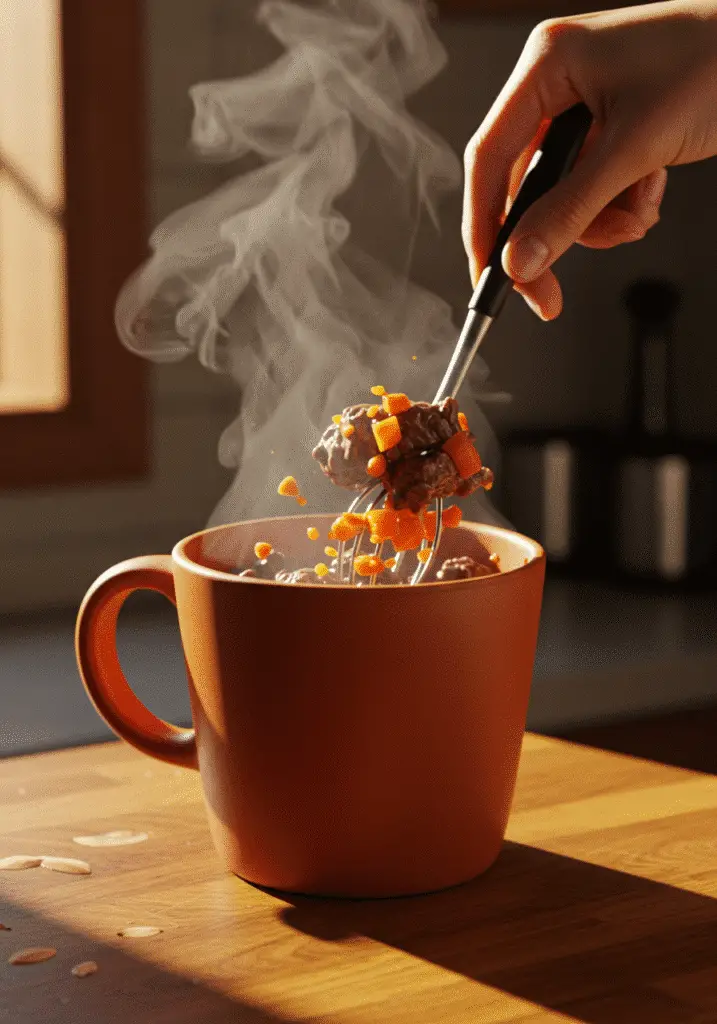 Single serving beef stew being stirred in mug during microwave cooking process
