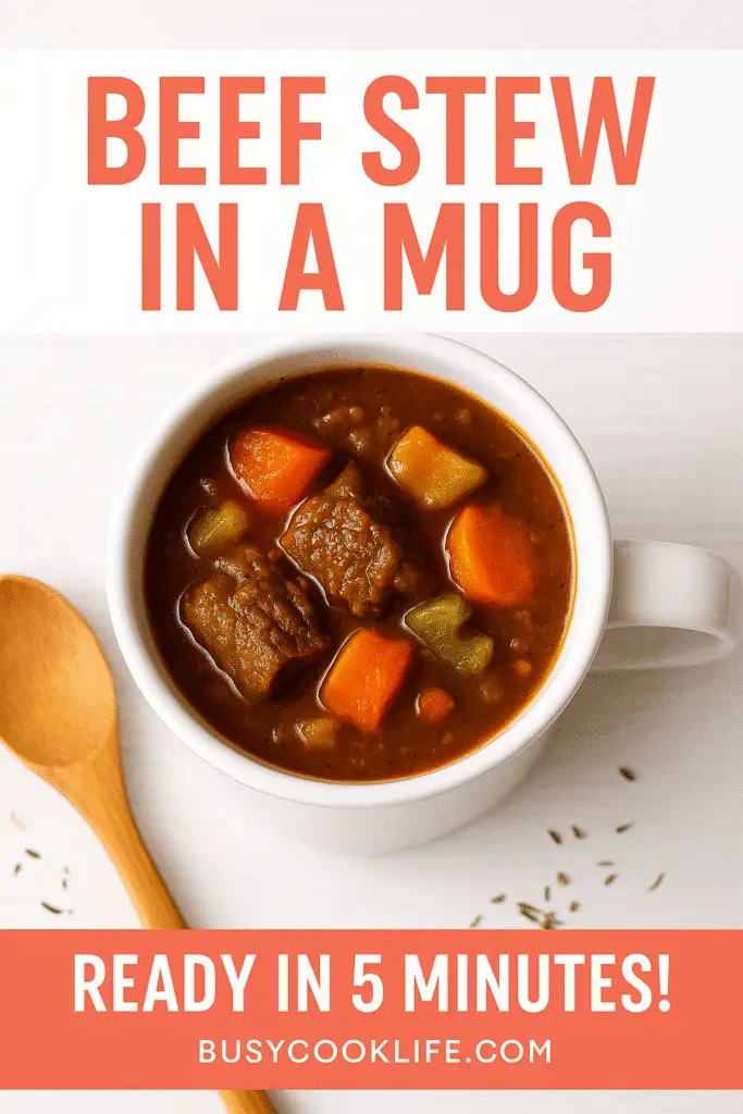 Beef stew for one in a mug Pinterest pin with recipe title and cooking time