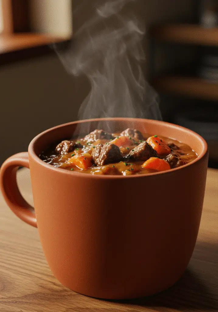 Beef Stew in a Mug: 5-Minute Comfort Food Recipe 9 Easy beef stew in a mug served with spoon showing thick consistency and tender vegetables
