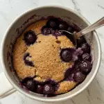 Blueberry cobbler mug cake steaming with burst berries and golden cake in terracotta ceramic mug