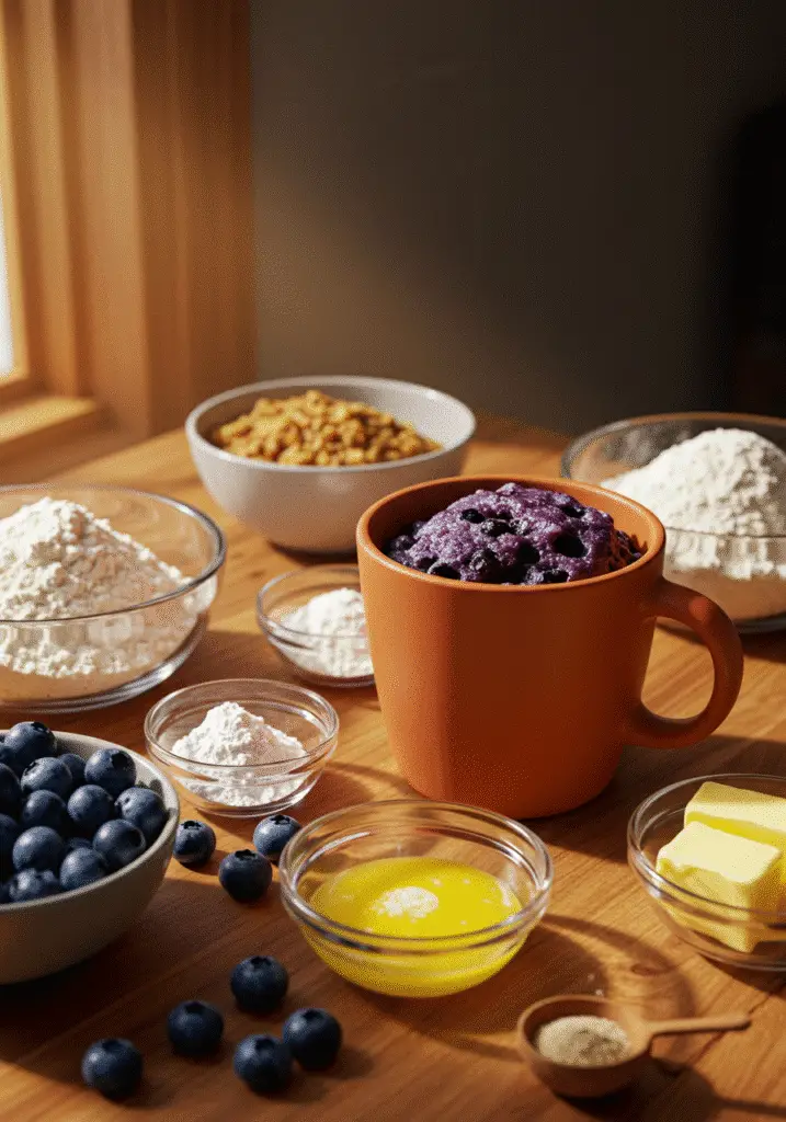 Blueberry cobbler mug cake ingredients laid out with fresh blueberries flour sugar milk butter