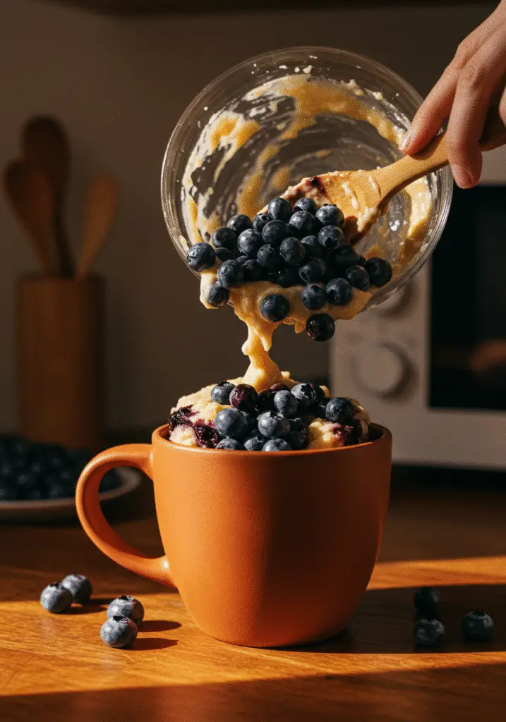 Blueberry cobbler mug cake preparation mixing fresh berries into batter in microwave mug