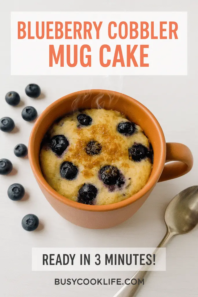 Blueberry cobbler mug cake Pinterest pin showing 3 minute recipe with terracotta mug and fresh berries