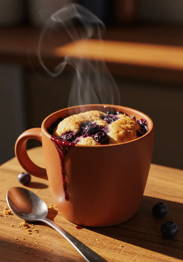 Finished blueberry cobbler mug cake with spoon showing golden cake and burst berries ready to eat