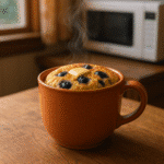 Blueberry pancake in a mug cooking action in terracotta ceramic mug
