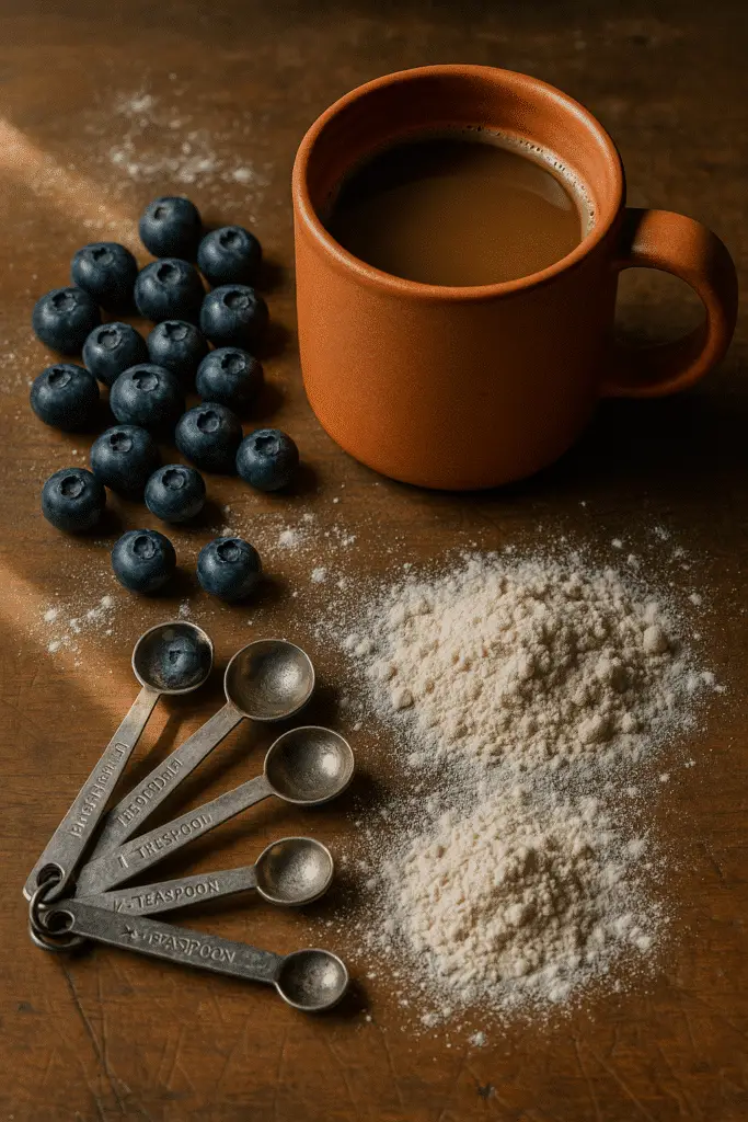 Blueberry pancake in a mug ingredients flatlay overhead shot