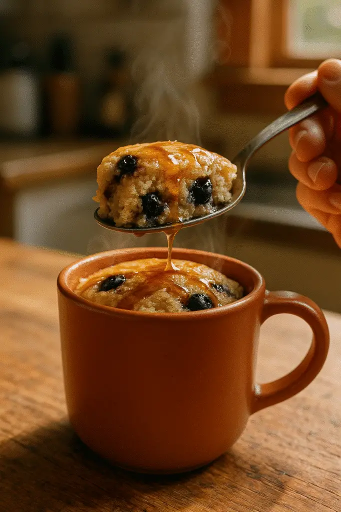 First spoonful of blueberry pancake in a mug with syrup drizzle