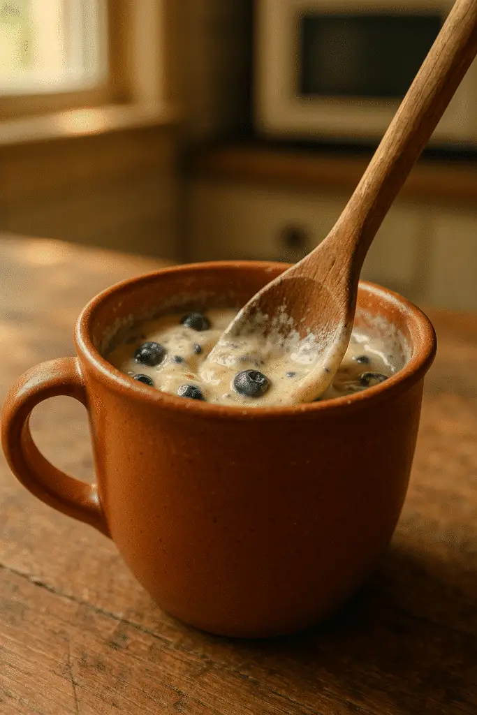 Mixing blueberry pancake in a mug batter with wooden spoon