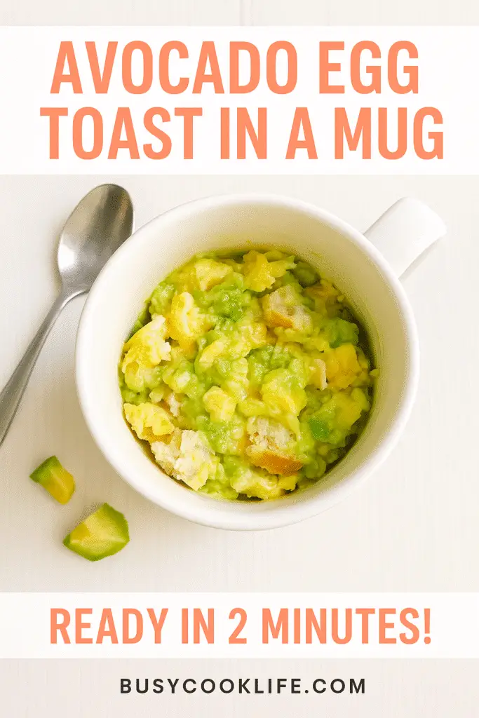 BusyCookLife branded avocado egg toast in mug Pinterest pin with website URL and recipe timing