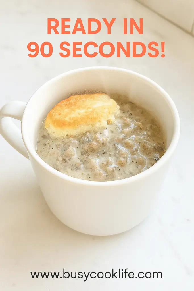 BusyCookLife branded sausage gravy biscuit mug recipe Pinterest image with website URL