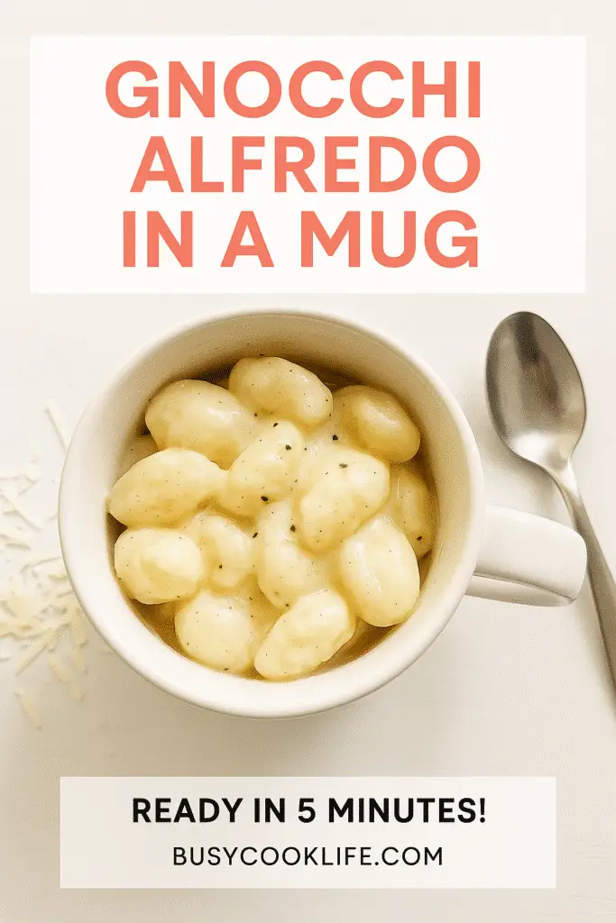 BusyCookLife branded gnocchi alfredo mug recipe pin with site URL and 5-minute cooking promise