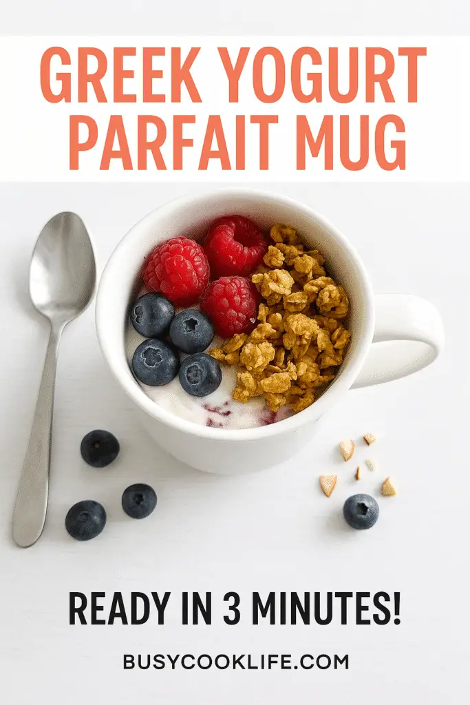 Branded Greek yogurt parfait mug Pinterest pin with BusyCookLife URL and 3-minute promise
