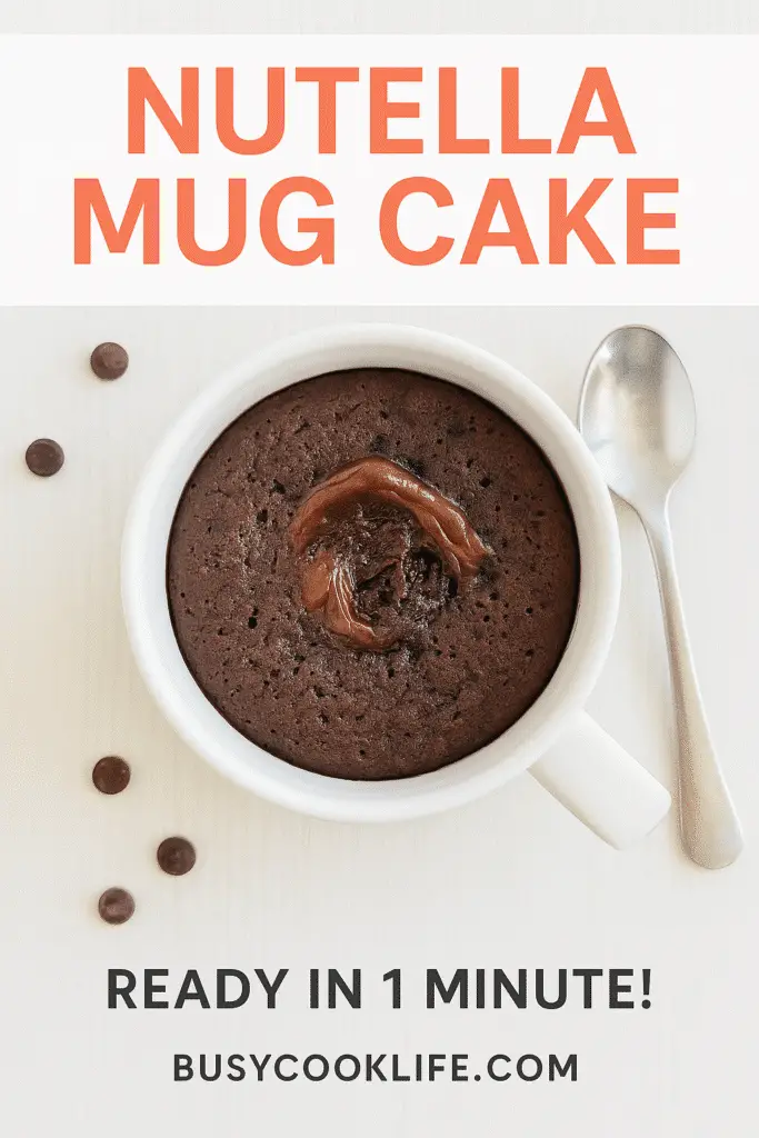 BusyCookLife branded Nutella Mug Cake recipe pin with website URL for 1-minute dessert