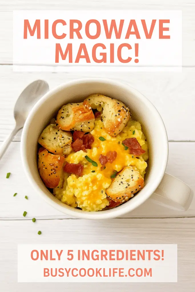 Branded breakfast bagel mug recipe from BusyCookLife showing 5-ingredient microwave breakfast